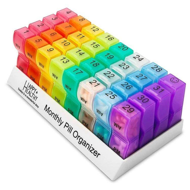 Colorful Plastic 31-Compartment Pill Box For Daily Use - rainbow monthly pill organizer with detachable daily AM/PM sections, compact portable medication storage