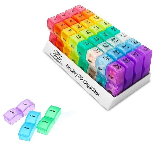 Colorful Plastic 31-Compartment Pill Box For Daily Use compact monthly pill organizer with detachable daily AM/PM sections in rainbow colors