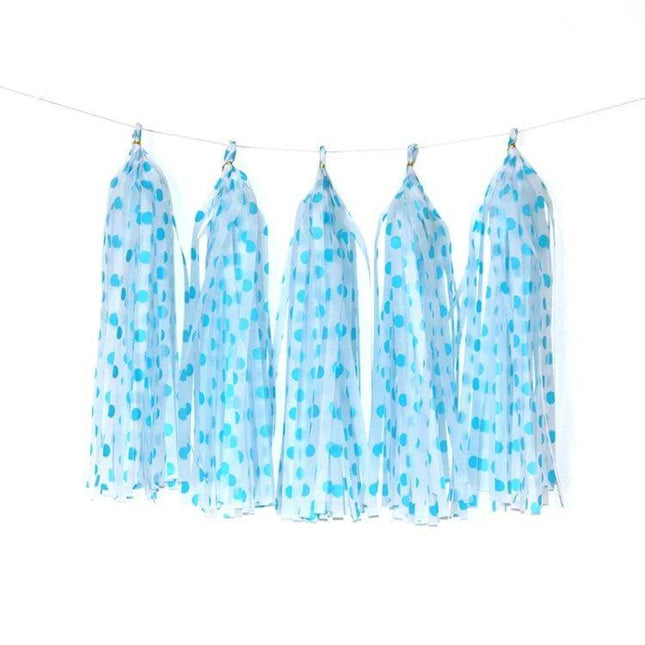 Colorful Polka Dot Paper Tassels 5 Pack For Birthday Party Decor - blue polka dot paper tassels hung as party garland