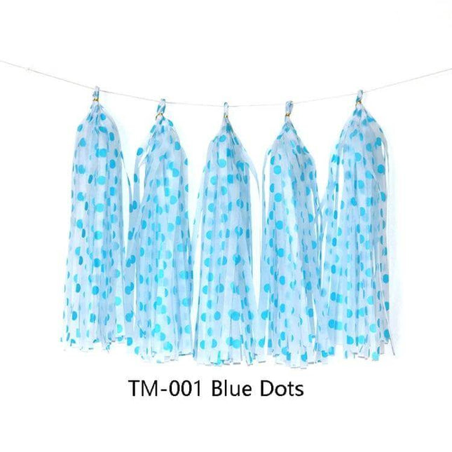 Colorful Polka Dot Paper Tassels 5 Pack For Birthday Party Decor - blue polka dot paper tassels hanging for party backdrop