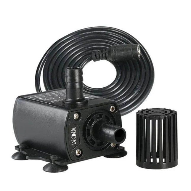 Compact Brushless Fountain Pump For Small Indoor Water Features shown with suction cups, cable and intake strainer for desktop fountains