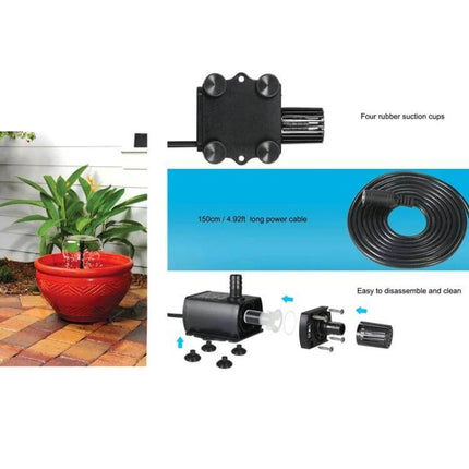 Compact Brushless Fountain Pump For Small Indoor Water Features – compact PC housing, four suction cups, 150cm cable, quiet amphibious operation