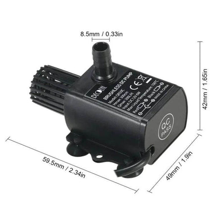 Compact Brushless Fountain Pump For Small Indoor Water Features - compact black brushless pump with 8.5mm outlet, suction cups, 59.5x49x42mm dimensions