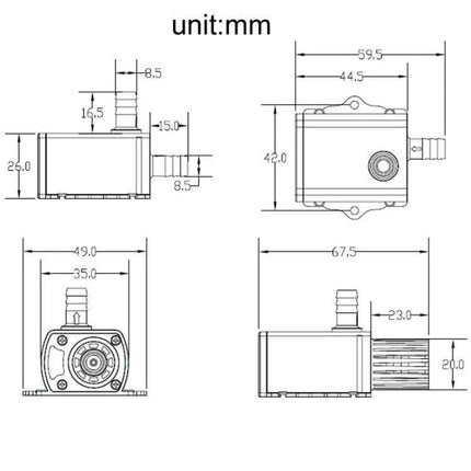Compact Brushless Fountain Pump For Small Indoor Water Features technical dimension drawing in mm, front and side views