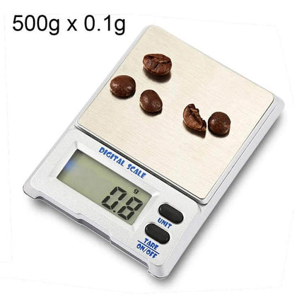 Compact Digital Jewelry Scale For On-The-Go Weighing - pocket-sized 500g x 0.1g stainless steel top scale showing 0.8g with coffee beans