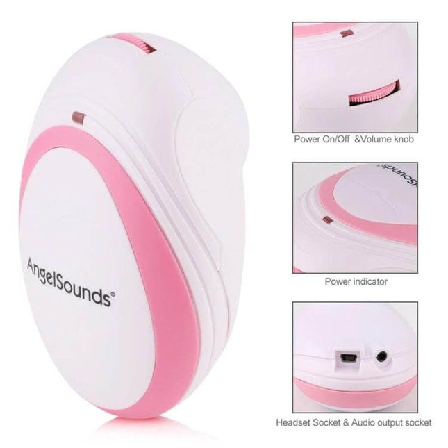 Compact Fetal Doppler Heartbeat Monitor for Home Use - white pink handheld fetal doppler with 3M probe, volume knob, power indicator, headphone and USB audio output