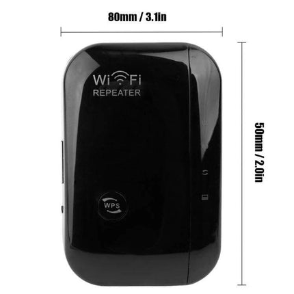 Compact Home WiFi Range Extender For Better Coverage - black 2.4GHz repeater with WPS button, 10/100 Ethernet port, 80mm x 50mm compact design
