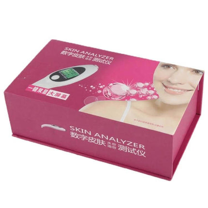 Compact Mini Portable LCD Skin Moisture and Oil Tester for Daily Skincare handheld device on pink retail box with smiling model