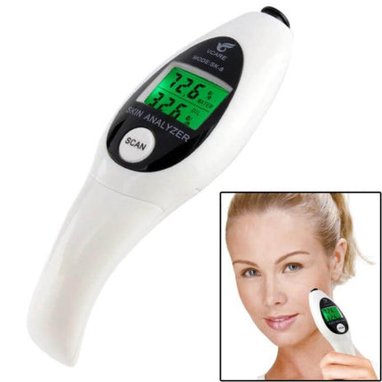 Compact Mini Portable LCD Skin Moisture and Oil Tester for Daily Skincare handheld device with green LCD showing moisture/oil readings