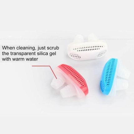 Compact Nasal Snoring Aid For Better Sleep With ABS Silicone showing three colored ABS shells with silicone inserts and cleaning instructions