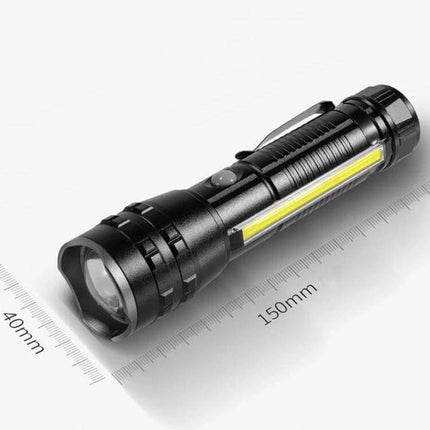 Compact Pen Clip Flashlight For Everyday Outdoor Use - black aluminum pen light with COB side strip, clip, telescopic head and one-handed control