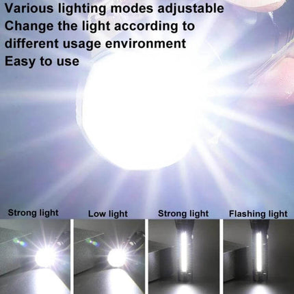 Compact Pen Clip Flashlight For Everyday Outdoor Use showing bright main beam, COB side light and four lighting modes (strong, low, COB, flashing)