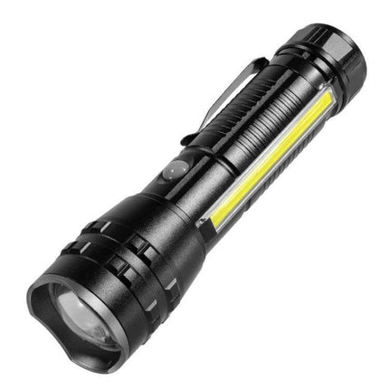Compact Pen Clip Flashlight For Everyday Outdoor Use — black aluminum pen clip flashlight with COB side light and main beam, pocket clip, textured grip