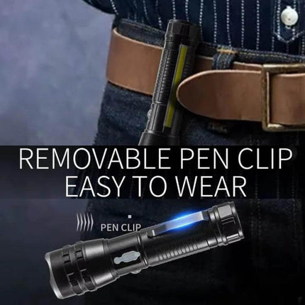 Compact Pen Clip Flashlight For Everyday Outdoor Use - compact aluminum pen clip flashlight with COB side light and removable clip shown on belt