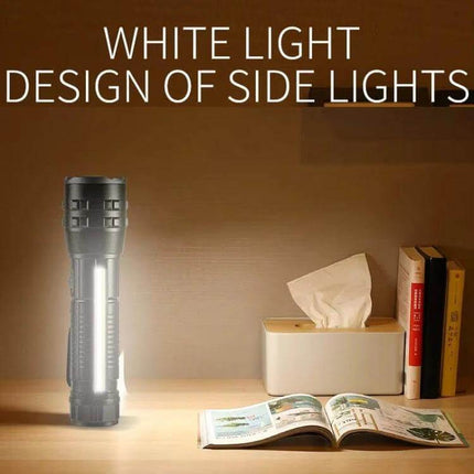 Compact Pen Clip Flashlight For Everyday Outdoor Use shown illuminating a desk with side COB white light beside books and tissues