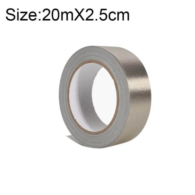 Conductive Cloth Tape, Double-Sided EMI Shielding, 20m x 2.5cm roll showing metallic woven copper cloth tape for electronics shielding and repairs
