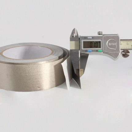Conductive Cloth EMI Shielding Tape For Electronics Repairs 20m x 2cm roll shown with caliper measuring 0.1mm thickness, red copper woven cloth tape