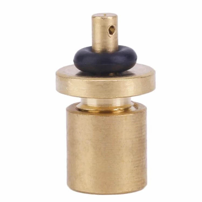 Copper Gas Tank Valve for Outdoor Burner, Camping Refill Accessory - close-up copper refill valve with rubber seal for portable camping stoves