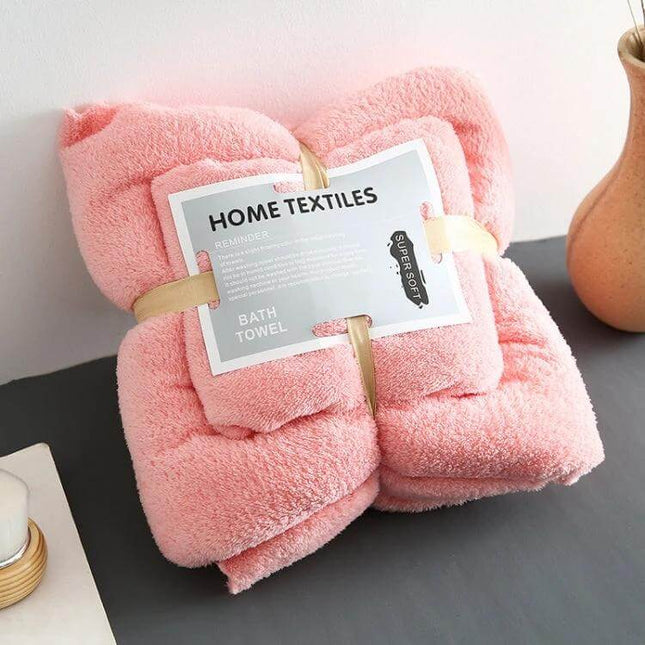 Coral Fleece Bath Towel Set Large 70x140 cm Assorted Colors - soft pink coral fleece bath towel and hand towel set neatly folded for bathroom
