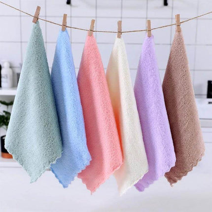 Coral Fleece Face Towel 30x30cm for Everyday Use at Home hanging in assorted pastel colors, soft plush texture for gentle daily facial care
