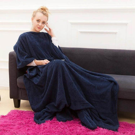 Coral Fleece TV Blanket For Spring And Autumn Soft Thick 123x212cm - navy blue coral fleece TV blanket draped on woman lounging on sofa