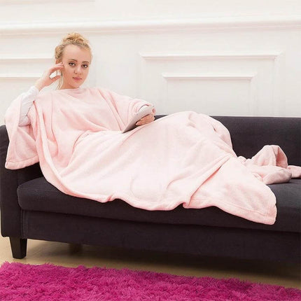 Coral Fleece TV Blanket For Spring And Autumn Soft Thick 123x212cm - woman lounging on sofa with soft pink coral fleece blanket, 100% polyester, solid color