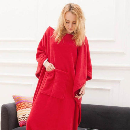 Alt Tag: Coral Fleece TV Blanket For Spring And Autumn Soft Thick 123x212cm - red wearable sofa blanket with pocket, soft polyester coral fleece for lounging