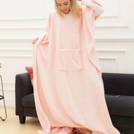 Coral Fleece TV Blanket For Spring And Autumn Soft Thick 123x212cm - soft pink wearable fleece blanket with pocket on sofa