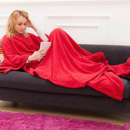 Coral Fleece TV Blanket For Spring And Autumn Soft Thick 123x212cm - Woman Lounging On Sofa With Red Coral Fleece Throw