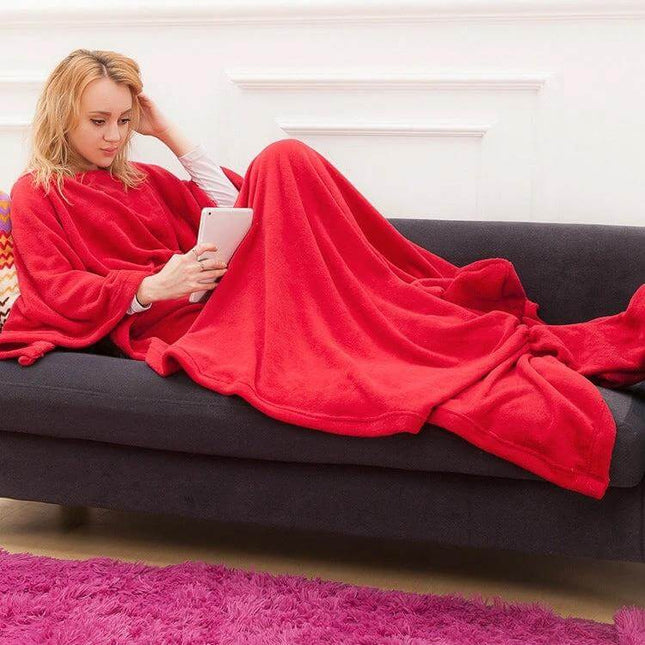 Coral Fleece TV Blanket For Spring And Autumn Soft Thick 123x212cm - woman lounging on sofa with red coral fleece blanket reading tablet, soft polyester