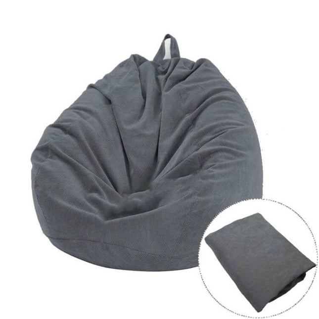 Corduroy Bean Bag Chair Cover in Three Sizes Available - gray corduroy cover displayed on bean bag with folded cover inset