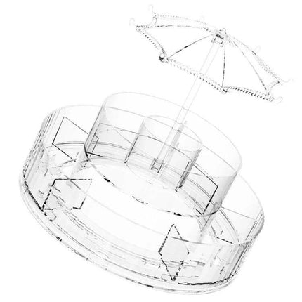 Cosmetic Storage Box With 360° Rotating Base For Easy Access — clear rotating makeup organizer with removable turntable and umbrella divider