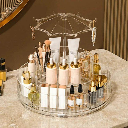 Cosmetic Storage Box With 360° Rotating Base For Easy Access on vanity holding lipsticks, brushes, serums and travel bottles