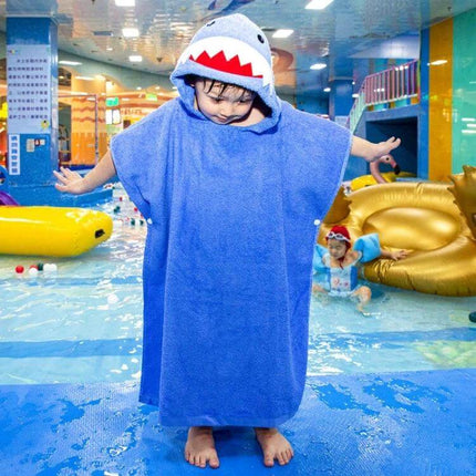 Cotton Cloak Children's Bath Towel 70 cm Pink Unicorn - Child Wearing Blue Hooded Towel At Indoor Pool