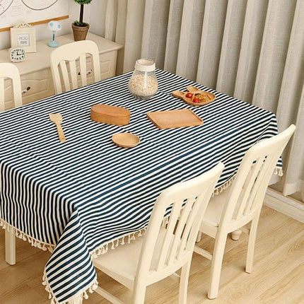 Cotton Dining Tablecloth For Home And Events, 60x90cm / 100x140cm / 140x140cm - Striped linen tablecloth on dining table with wooden plates