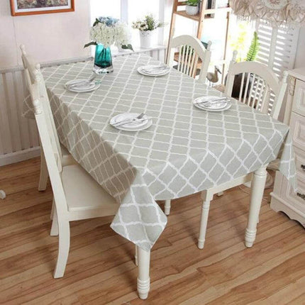 Cotton Geometric Rhombus Gray Lace Tablecloth For Everyday Dining on a set table protecting wood tabletop with oilproof breathable linen