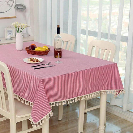 Cotton Dining Tablecloth For Home And Events, 60x90cm / 100x140cm / 140x140cm on pink striped linen table with tassel trim and table setting