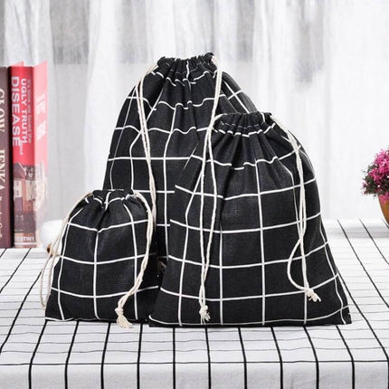 Cotton Linen Drawstring Sundries Storage Bag Three Sizes black grid breathable mesh drawstring set for organizing clothes shoes cosmetics