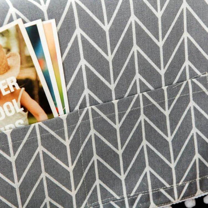 Cotton Linen Microwave Oven Dust Cover 30x90cm For Kitchen Use - gray cotton-linen cover with white chevron print and front pocket holding brochures