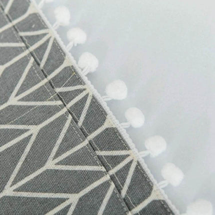 Cotton Linen Microwave Oven Dust Cover 30x90cm For Kitchen Use - gray geometric cotton-linen fabric with white pom-pom trim protecting countertop appliance