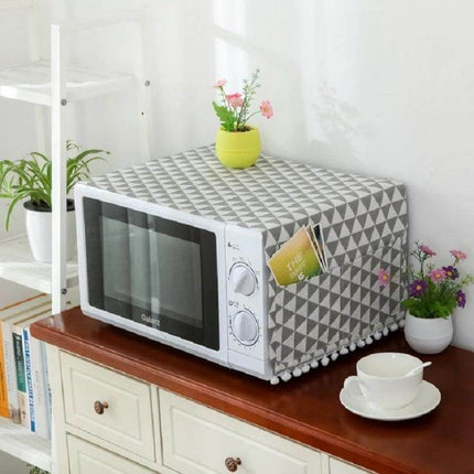 Cotton Linen Microwave Oven Dust Cover 30x90cm For Kitchen Use — gray geometric print cotton-linen dust cover protecting microwave with pompom trim