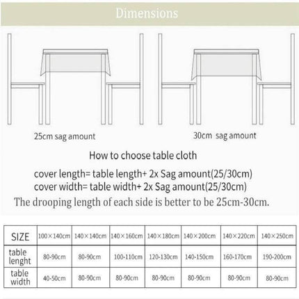 Cotton Linen Tablecloth For Dining Tables With Gray Arrow Geometric Pattern sizing guide showing 25cm and 30cm sag and size chart