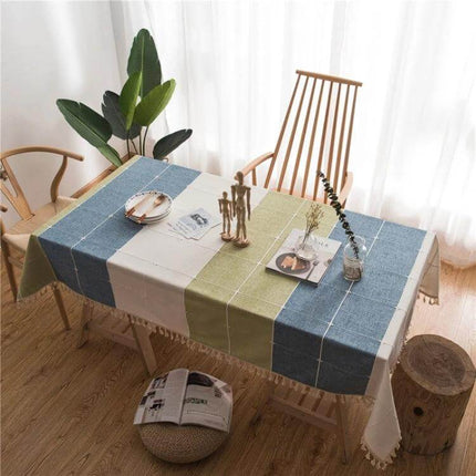 Cotton Linen Tassels Dining Tablecloth Rectangle 140x180cm in blue, green and cream check pattern with tassels on wooden dining table
