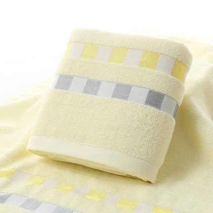 Cotton Plain Bath Towel 140x70 For Daily Bathroom Use - soft yellow cotton towel with subtle check border, generous 140x70cm for everyday drying