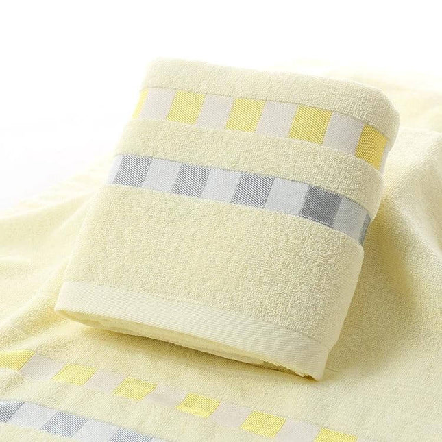 Cotton Plain Bath Towel 140x70 For Daily Bathroom Use - soft yellow cotton towel with subtle check border, generous 140x70cm for everyday drying