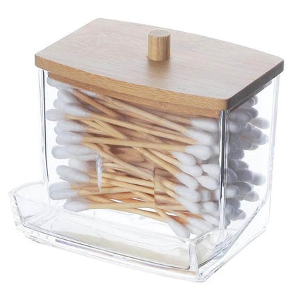 Cotton Swab Organizer, Acrylic Case With Bamboo Lid clear acrylic storage box with bamboo lid holding cotton swabs for bathroom or vanity