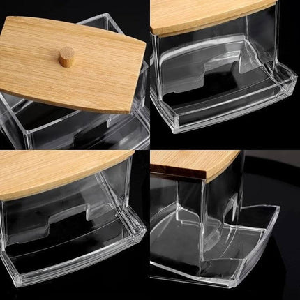 Cotton Swab Organizer, Acrylic Case With Bamboo Lid - clear acrylic storage with bamboo lid, slim dispenser for cotton swabs and small toiletries