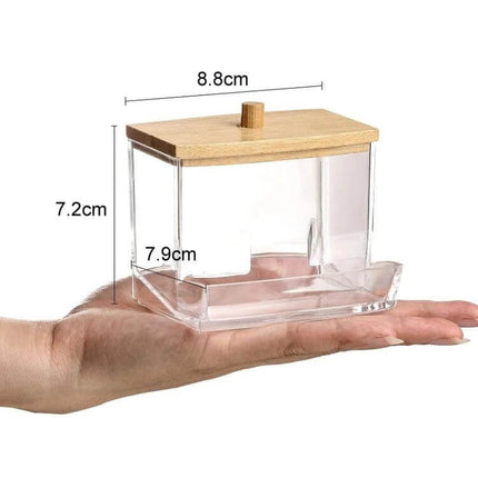 Cotton Swab Organizer, Acrylic Case With Bamboo Lid - clear acrylic compact storage box with bamboo lid on hand, fits swabs and small cosmetics