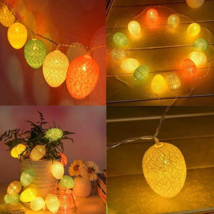 Cotton Thread Egg String Lights Battery Powered For Easter Decor - 10 cotton-wrapped egg bulbs on a 15cm spaced string, warm multicolor glow