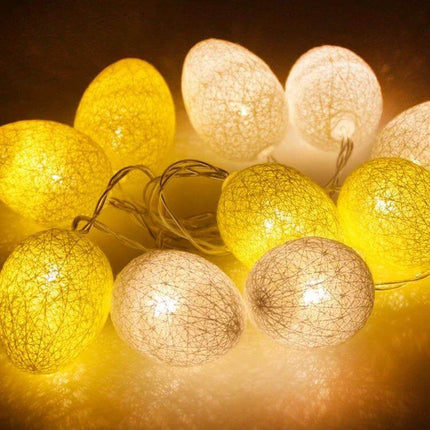 Cotton Thread Egg String Lights Battery Powered For Easter Decor - 10 warm white cotton-wrapped egg bulbs on battery-powered string